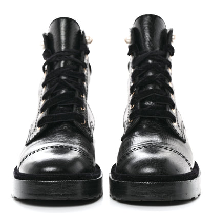 Chanel Shiny Calfskin Velvet Pearl Combat Short Boots 36 Black 2 of 7