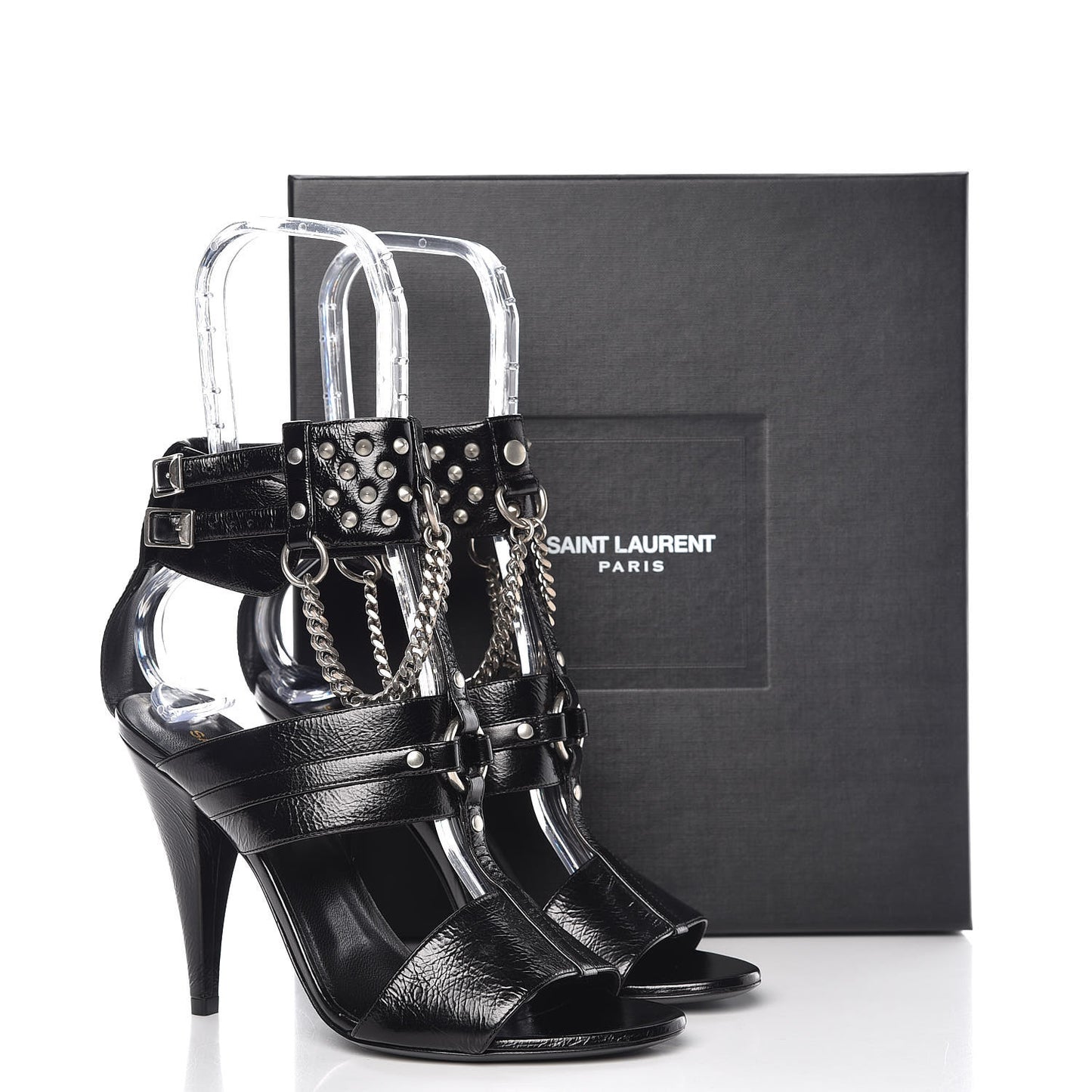 Shiny Calfskin Multi-Studded Strap Fetish Ankle Sandals 36.5 Black