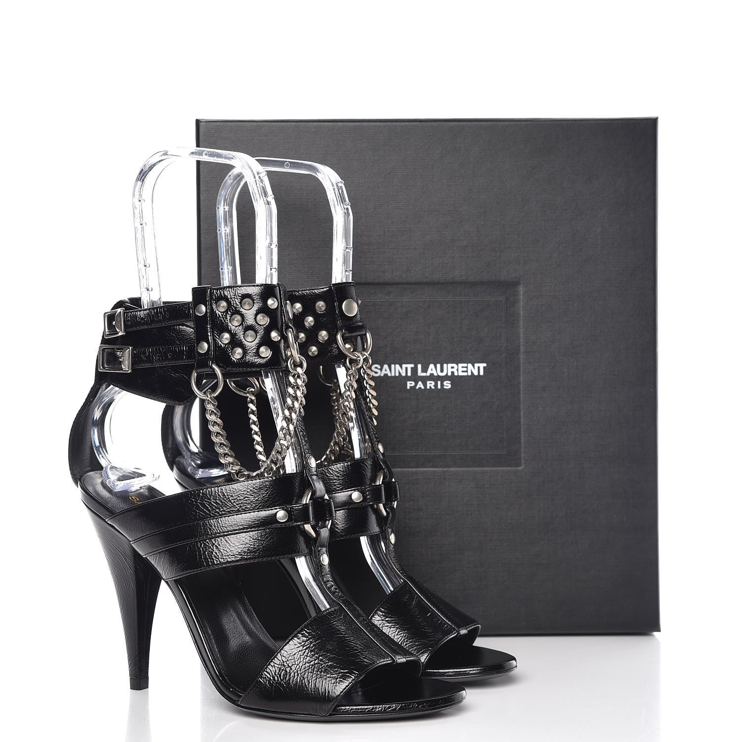 Saint Laurent Shiny Calfskin Multi-Studded Strap Fetish Ankle Sandals 36.5 Black 9 of 9