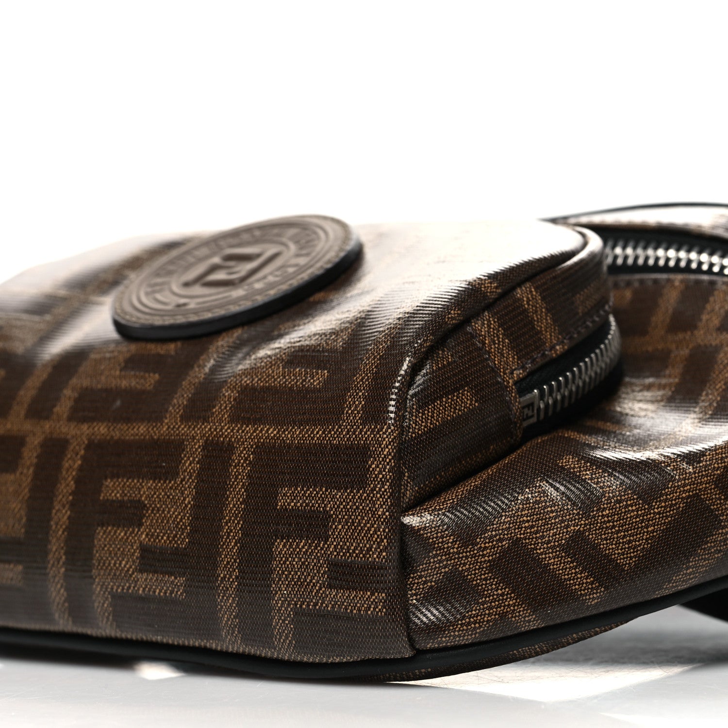 Fendi Glazed Fabric Vitello Century FF 1974 Stamp Patch Mens Pocket Belt Bag Mogano Panna Black 11 of 11