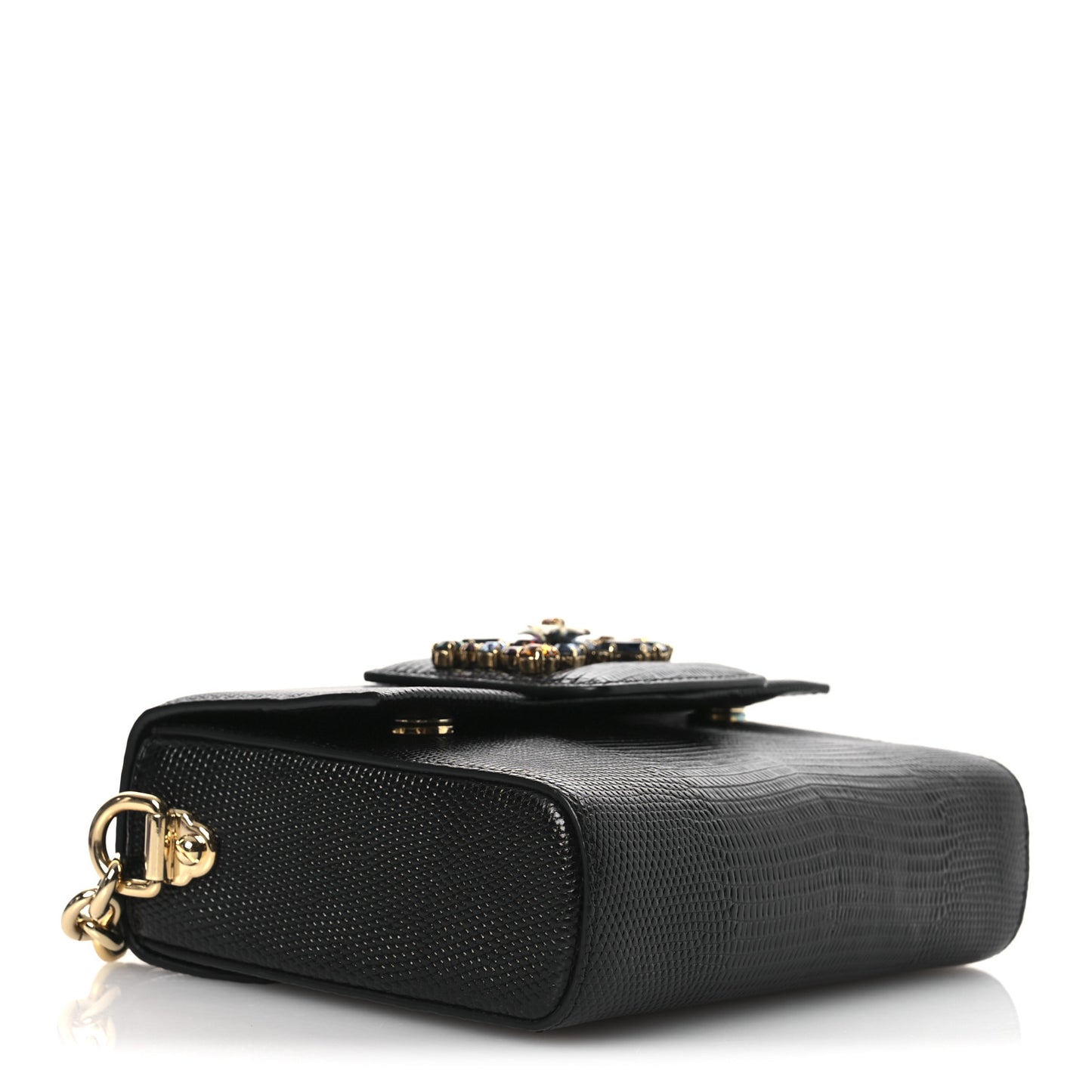 Lizard Embossed Crystal Embellished DG Millennials Mini Crossbody Bag Black