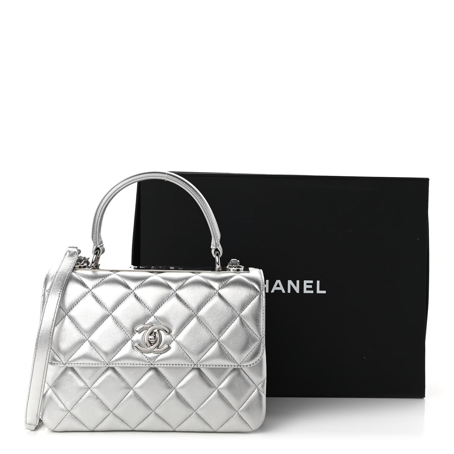 Metallic Lambskin Quilted Small Trendy CC Flap Dual Handle Bag Silver