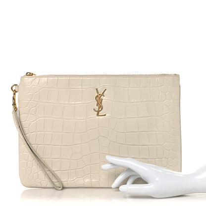 Saint Laurent Calfskin Crocodile Embossed Tablet Pouch Crema Soft 2 of 7