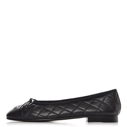 Chanel Aged Calfskin Quilted Cap Toe Ballerina Flats 37.5 Black 1 of 9