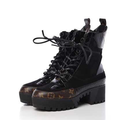 Louis Vuitton Suede Calfskin Monogram Laureate Platform Desert Boots 38 Black 3 of 8