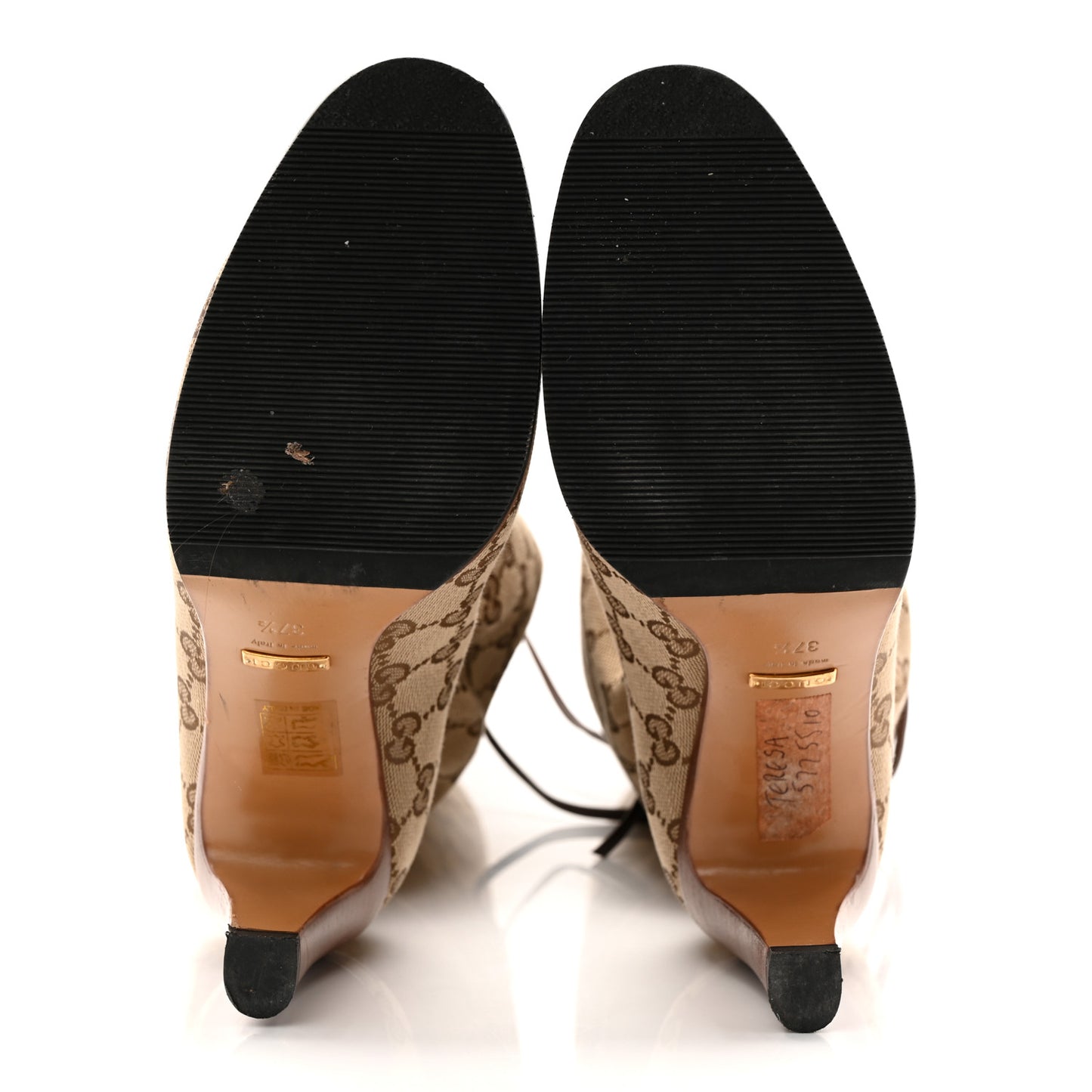 Monogram Malaga Kid Lisa Mid Heel Boots 37.5 Beige Ebony