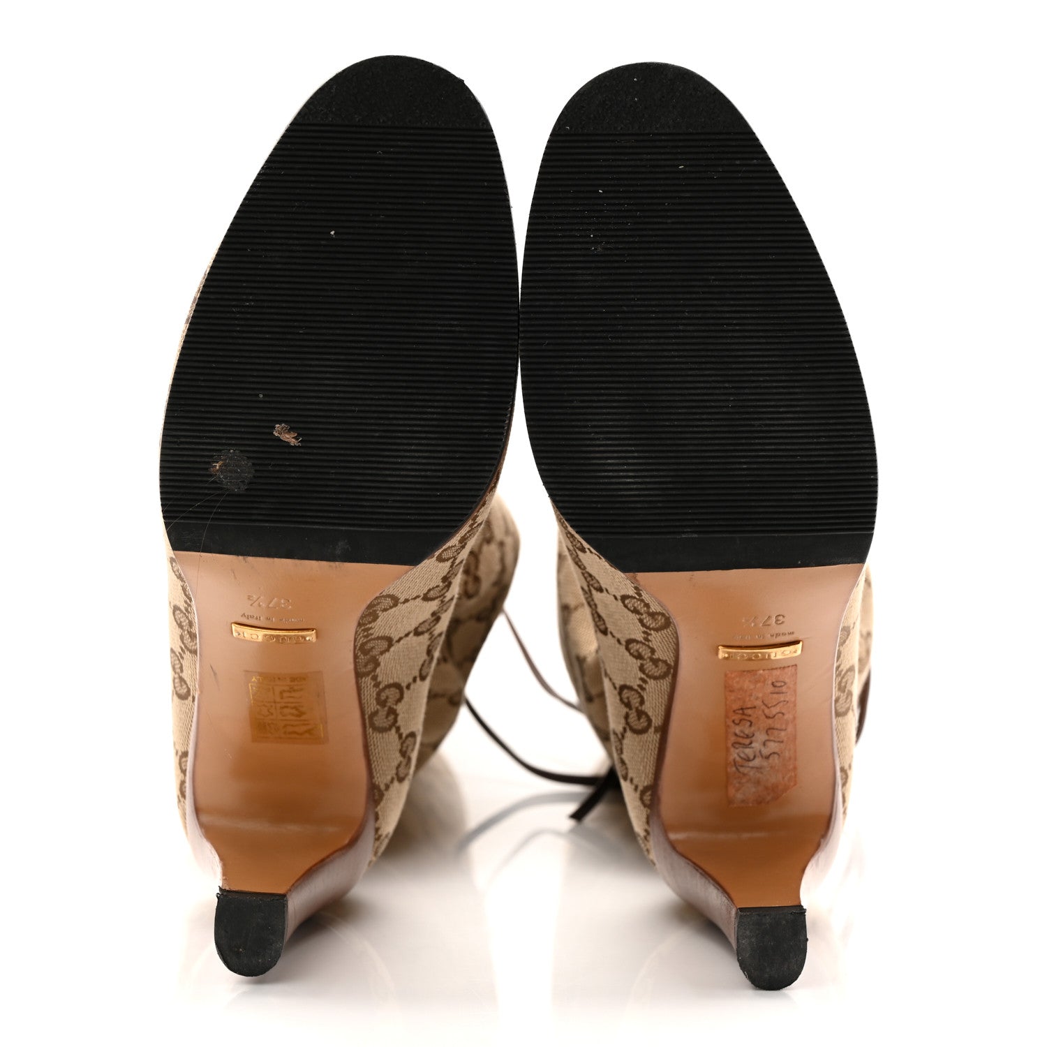 Gucci Monogram Malaga Kid Lisa Mid Heel Boots 37.5 Beige Ebony 6 of 10