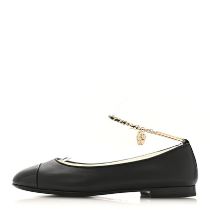 Chanel Lambskin Patent Calfskin Cap Toe Ankle Chain Ballerina Flats 36.5 Black 1 of 8