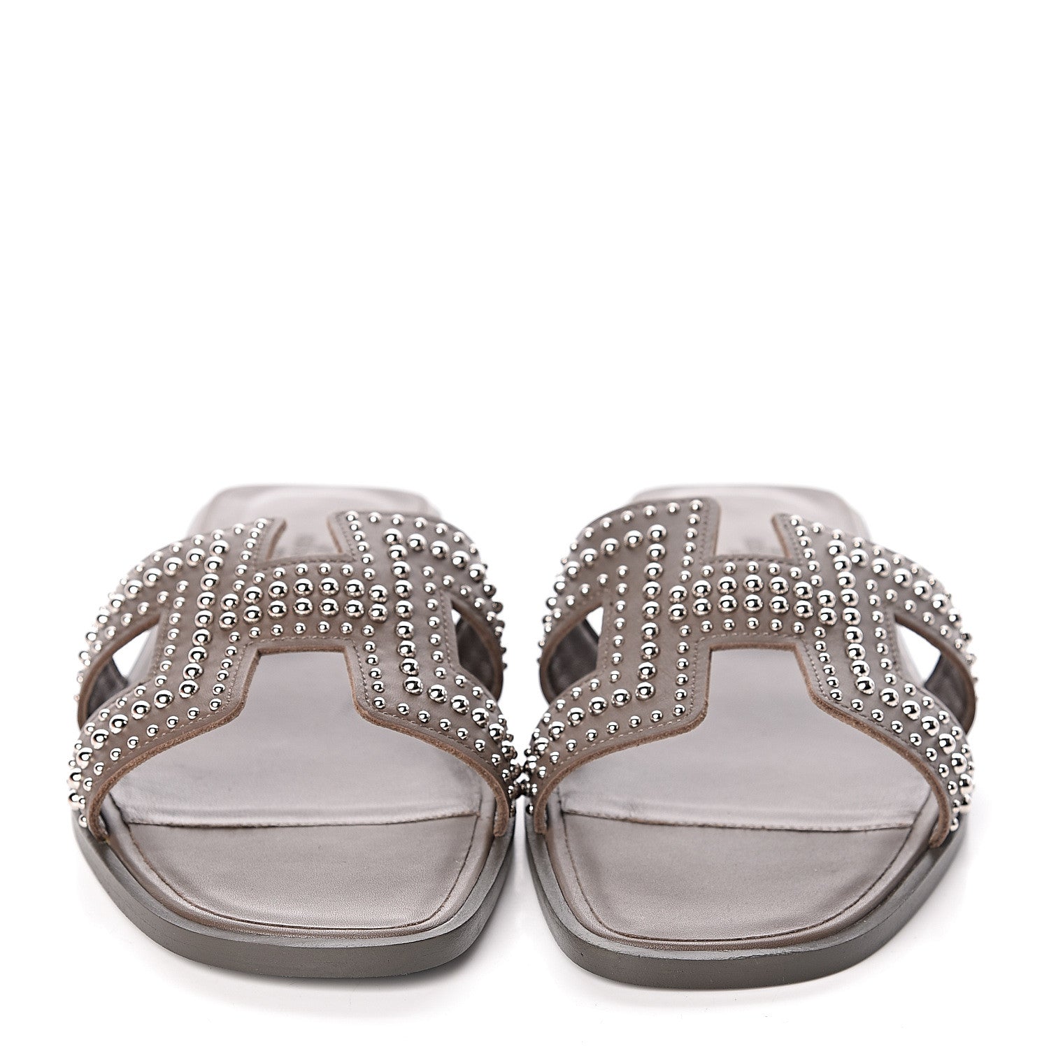 Hermes Calfskin Studded Oran Sandals 38.5 Gris Galet 2 of 9