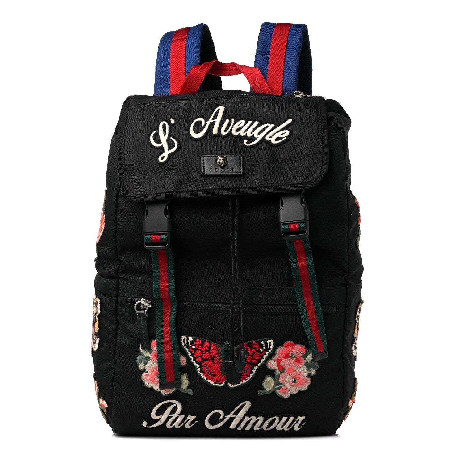 Gucci Techno Canvas Web L'Aveugle Par Amour Embroidered Double Buckle Backpack Black 1 of 18