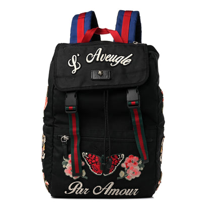 Gucci Techno Canvas Web L'Aveugle Par Amour Embroidered Double Buckle Backpack Black 1 of 18