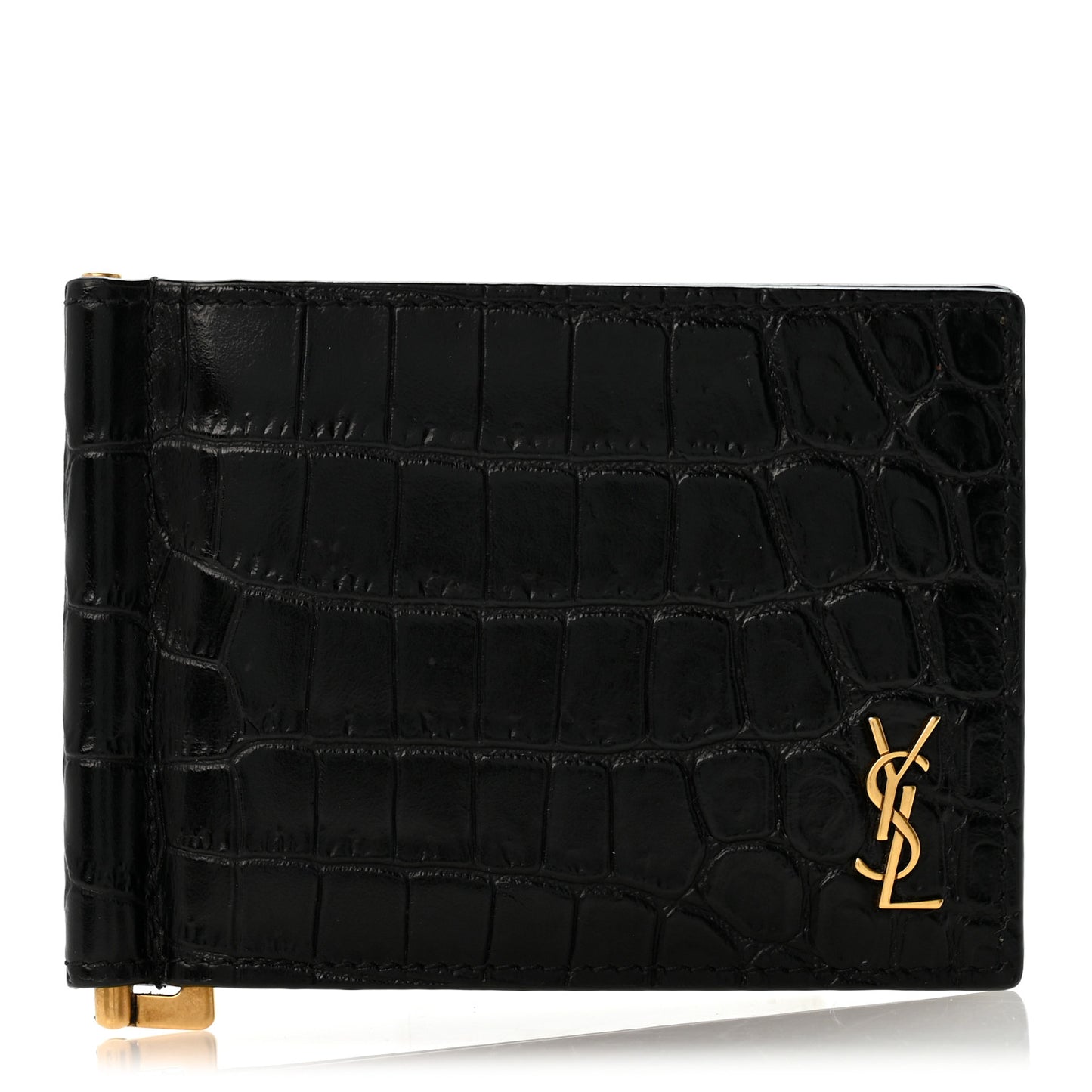 Calfskin Crocodile Embossed Tiny Monogram Bill Clip Wallet Black