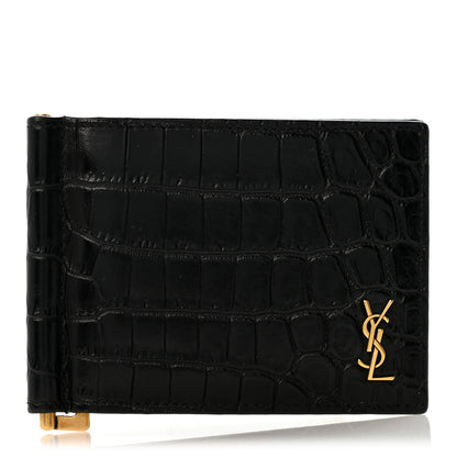 Saint Laurent Calfskin Crocodile Embossed Tiny Monogram Bill Clip Wallet Black 1 of 7