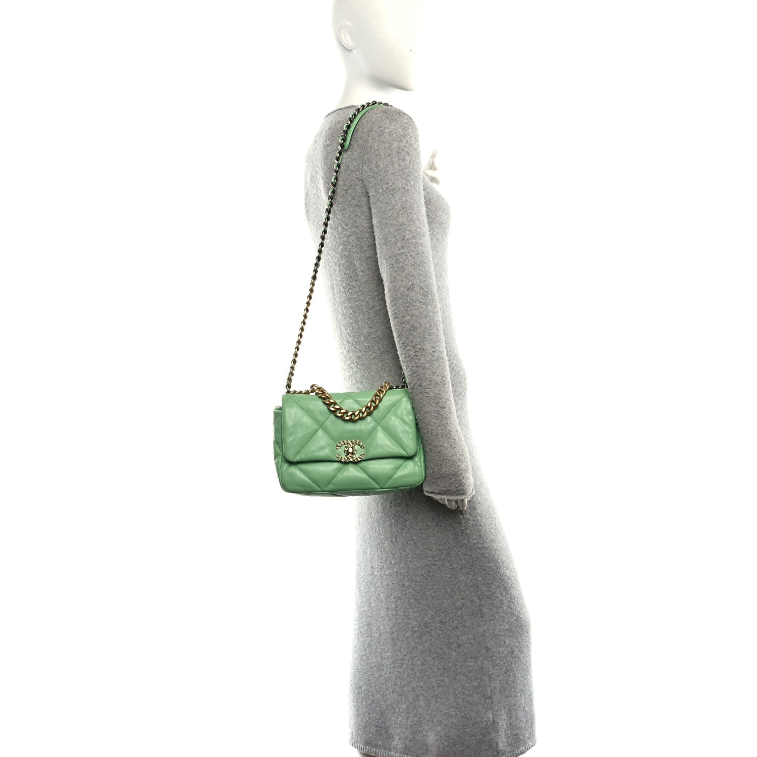 Chanel Goatskin Quilted Medium Chanel 19 Flap Light Green 2 of 10
