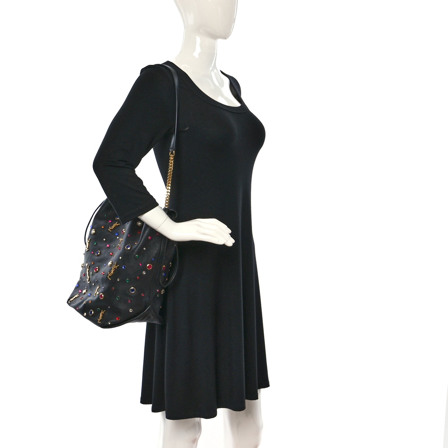 Lambskin Charm Studded Teddy Drawstring Bag Black