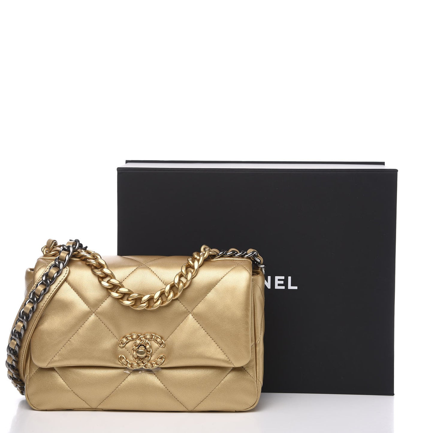 Metallic Goatskin Quilted Medium 19 Flap Gold