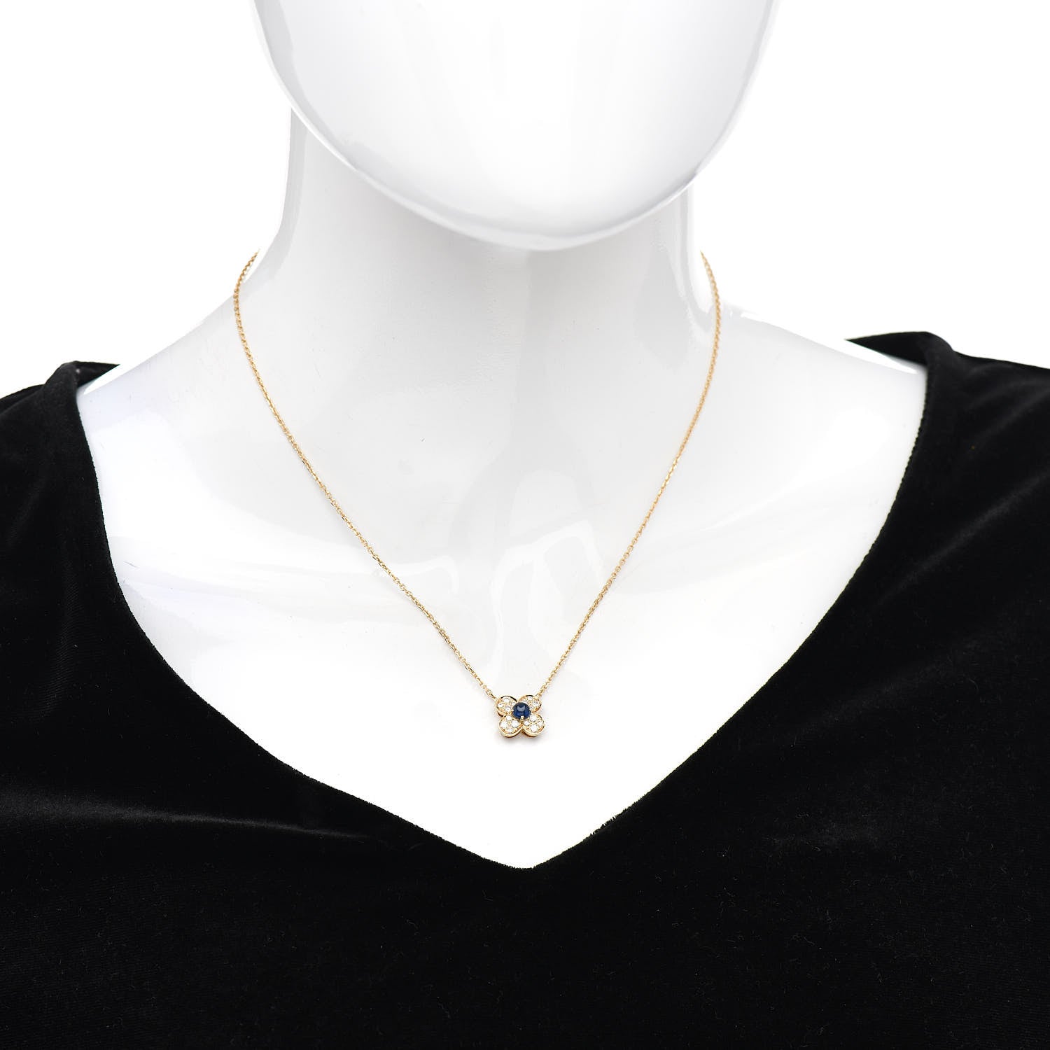 Van Cleef & Arpels 18K Yellow Gold Diamond Blue Sapphire Trefle Pendant Necklace 2 of 5