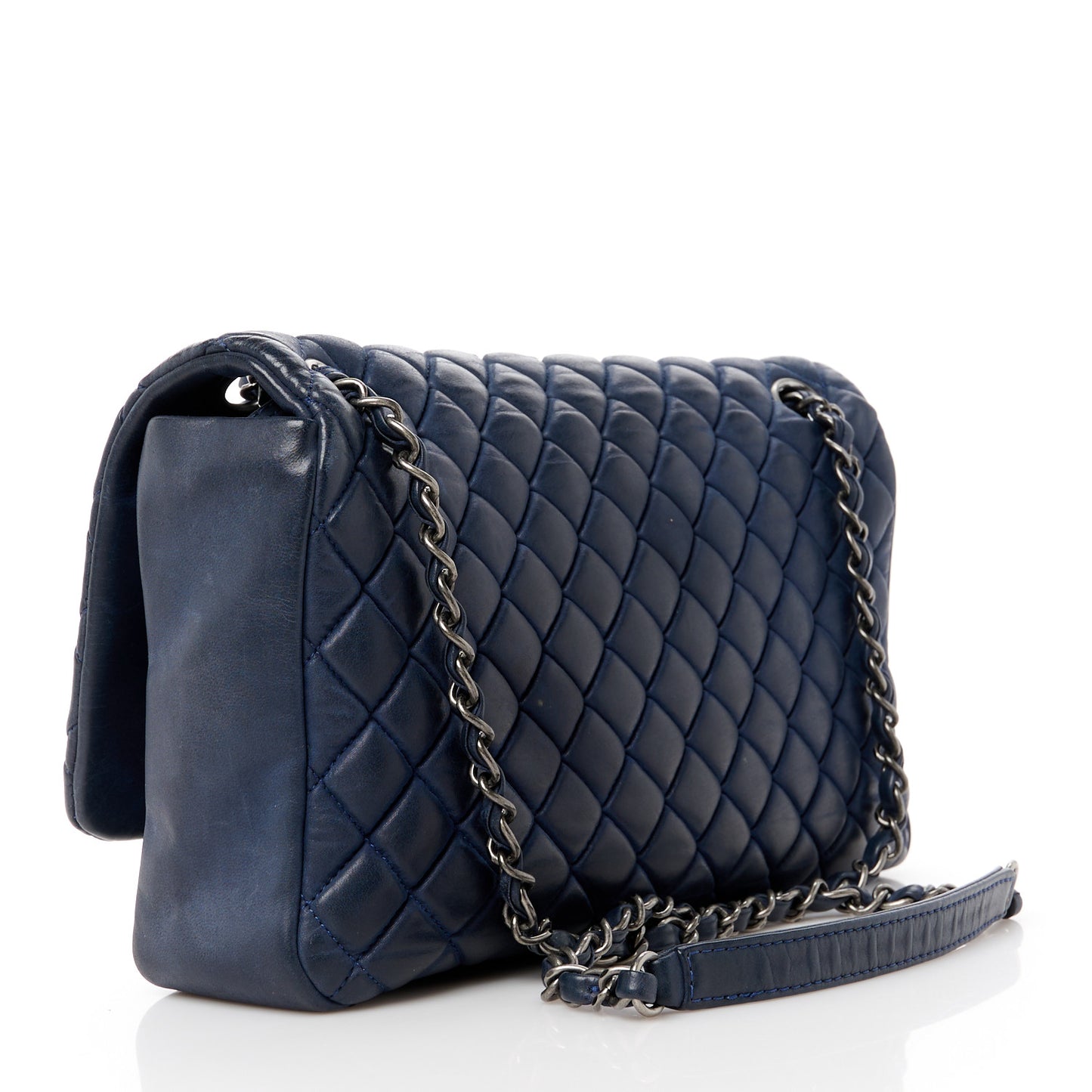 Iridescent Calfskin Quilted Large New Bubble Flap Navy