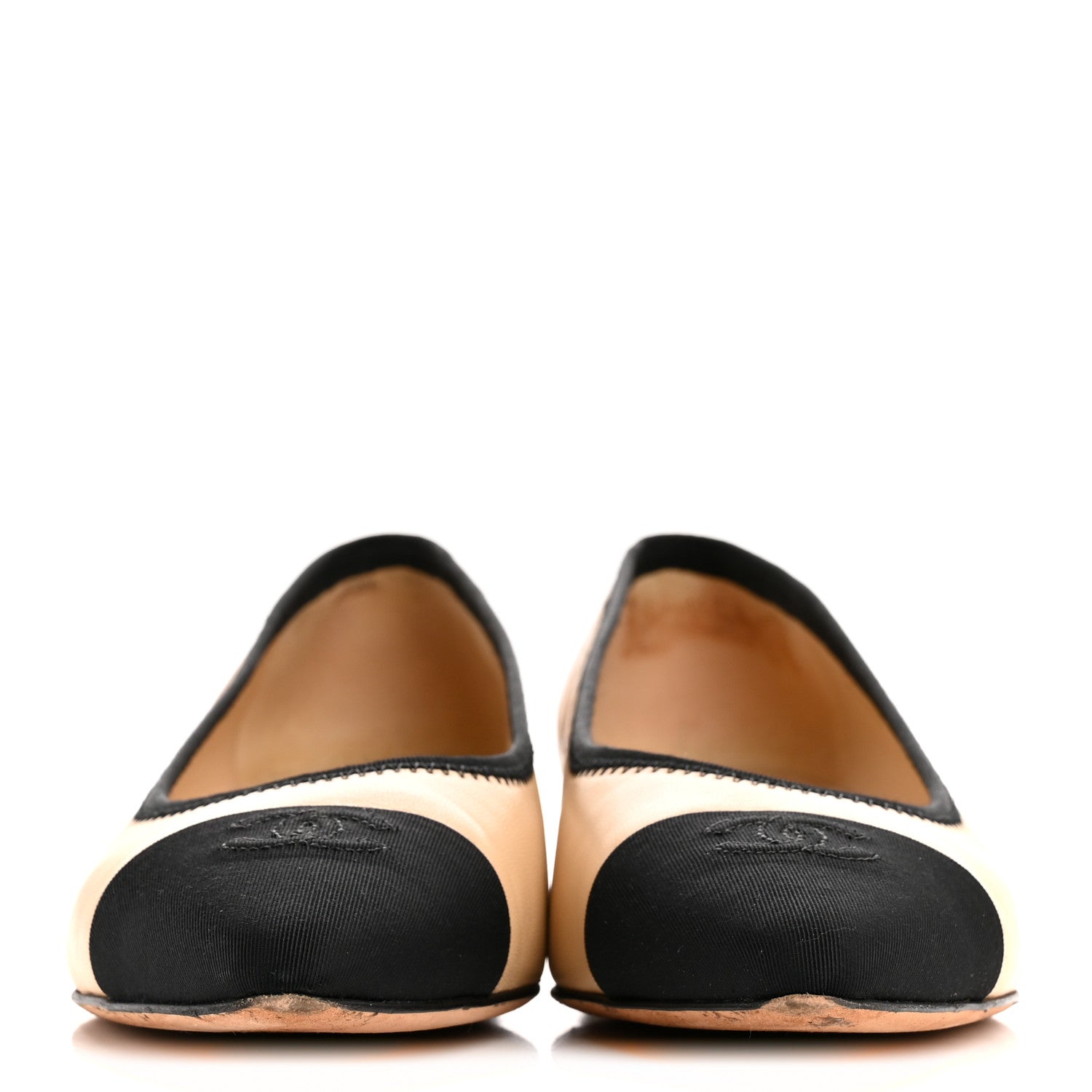 Chanel Lambskin Grossgrain Cap Toe Chain CC Flats 39 Beige Black 3 of 9