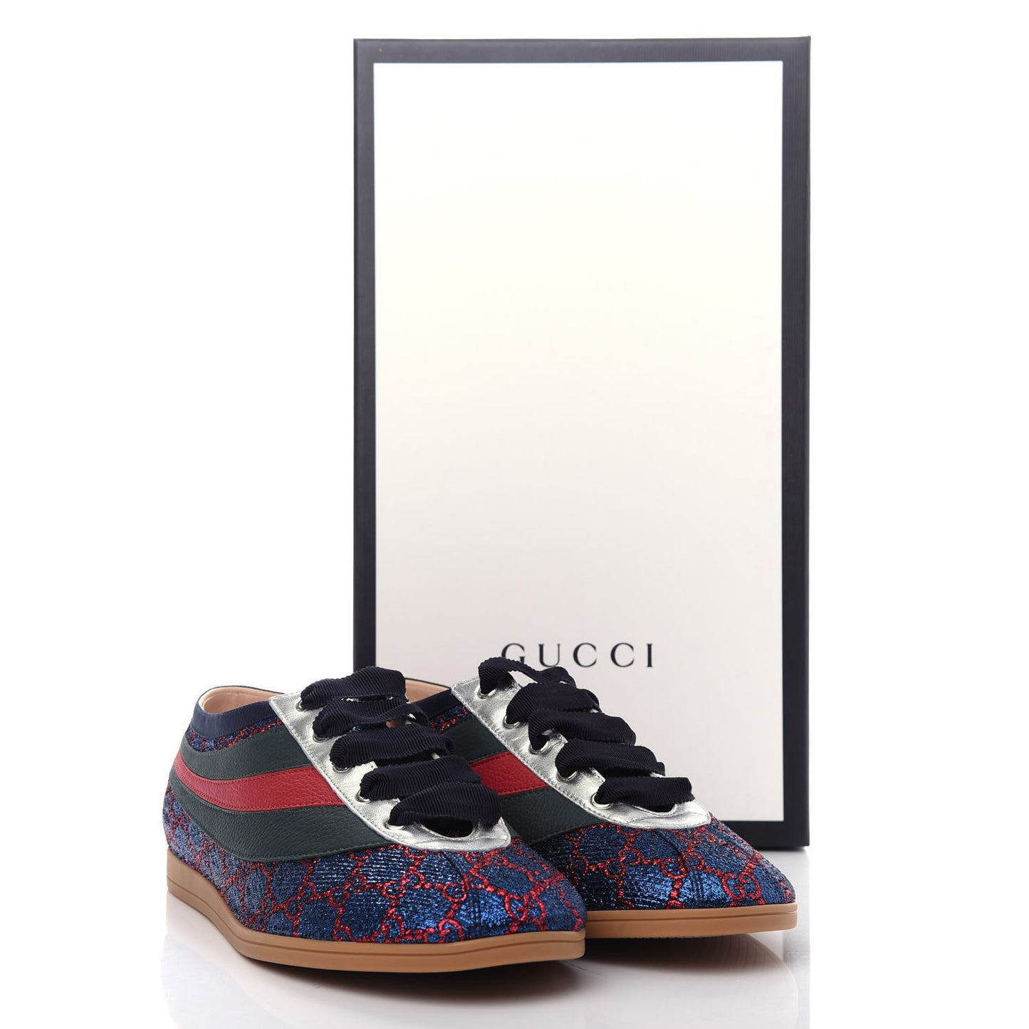 Lurex Calfskin Web GG Monogram Mens Falacer Sneakers 8.5 Iridescent Blue Iridescent Red Silver