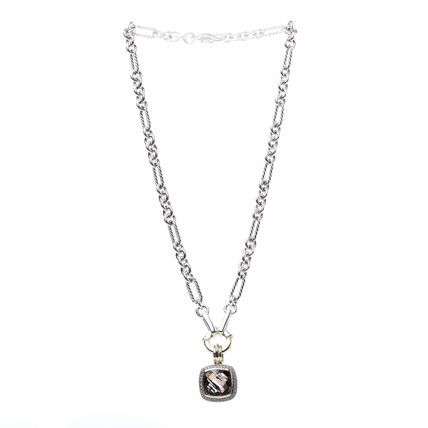 David Yurman Sterling Silver 18K Yellow Gold Diamond Smoky Quartz 14mm Albion Figaro Chain Pendant Necklace 4 of 6