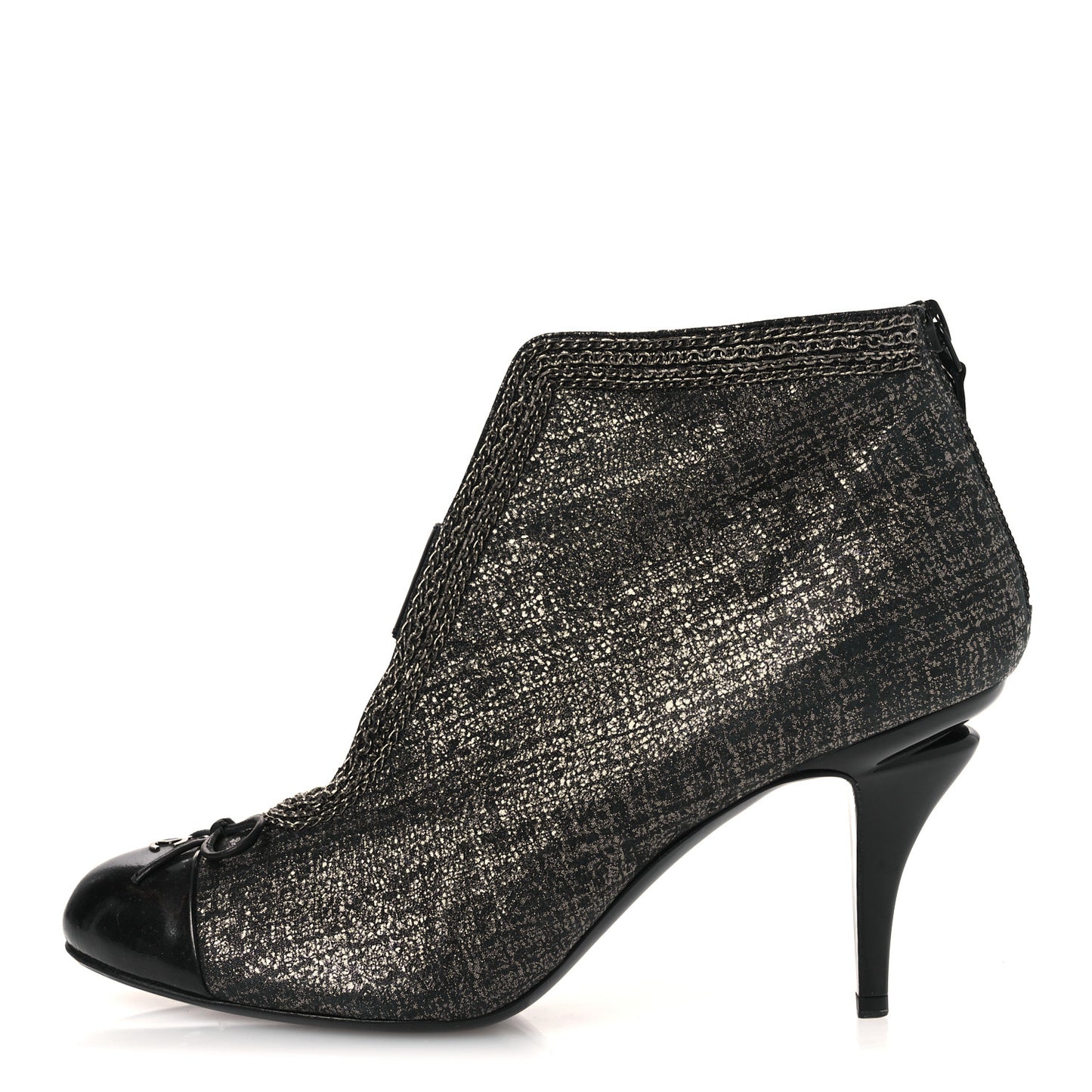 Metallic Tweed Patent Cap Toe CC Chain Ankle Booties 40 Black