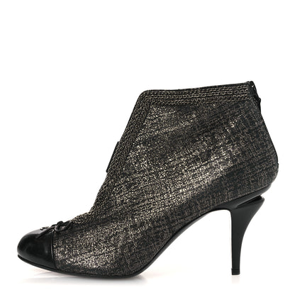 Chanel Metallic Tweed Patent Cap Toe CC Chain Ankle Booties 40 Black 1 of 12