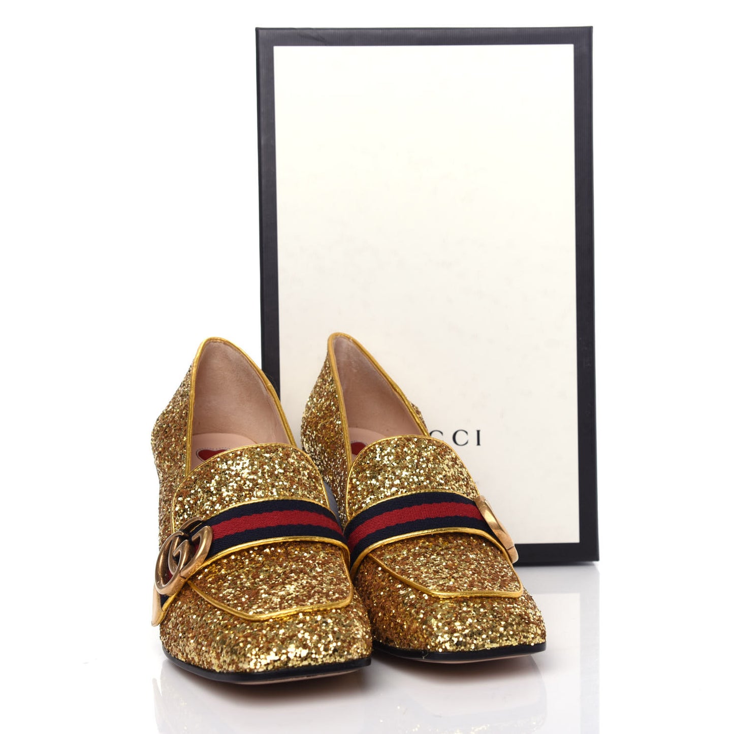 Glitter Nappa Web Peyton 75mm Loafer Pumps 39 Oro Vecchio