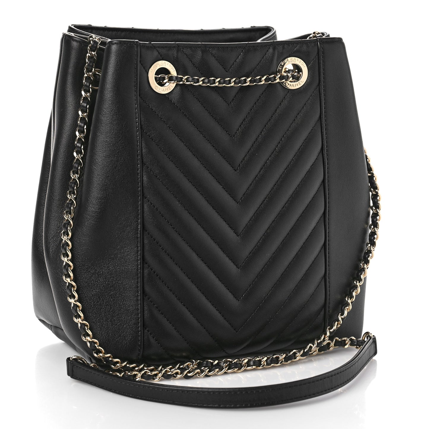 Calfskin Quilted Daily Chevron Drawstring Bag Black