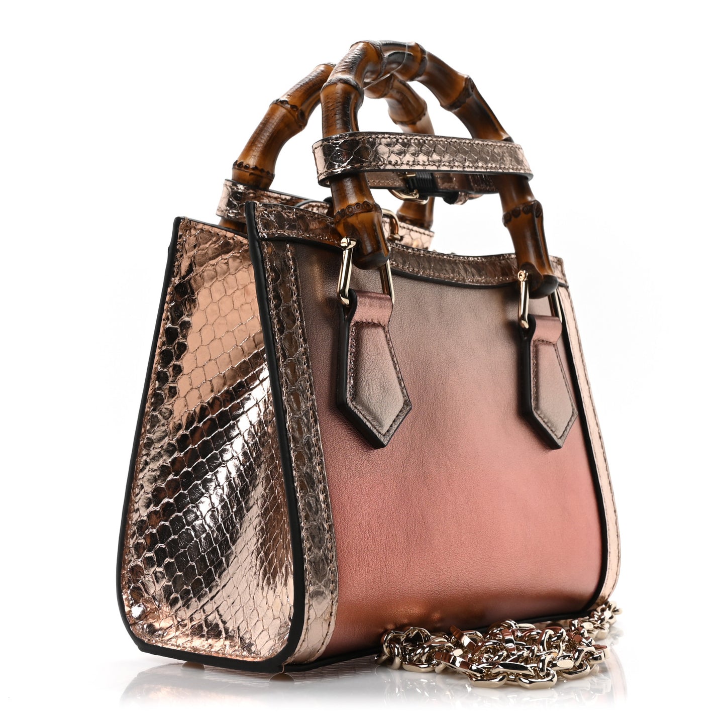 Metallic Lambskin Anaconda Snakeskin Mini Diana Tote Bag Rame