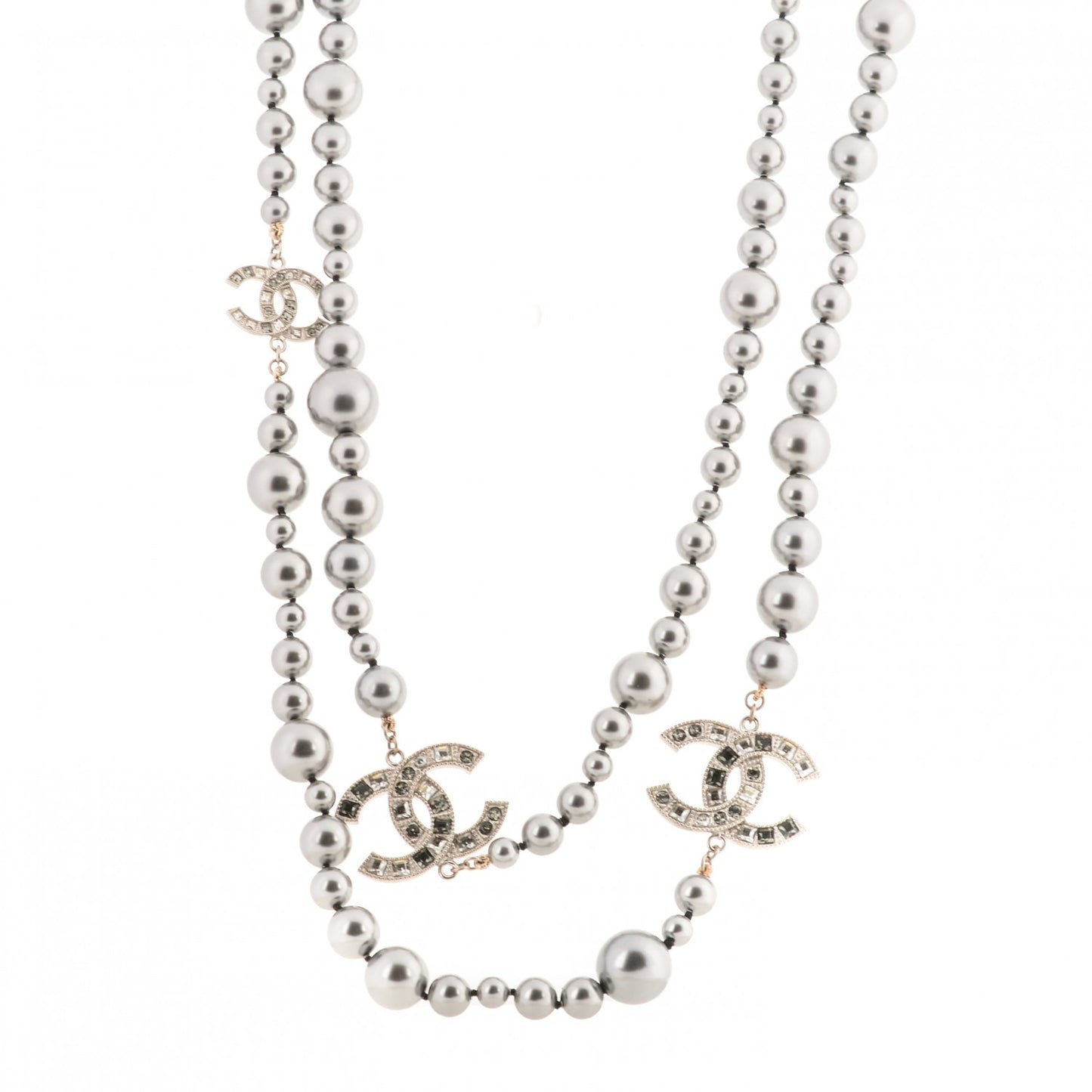 Graduated Pearl Crystal CC Long Necklace Ruthenium