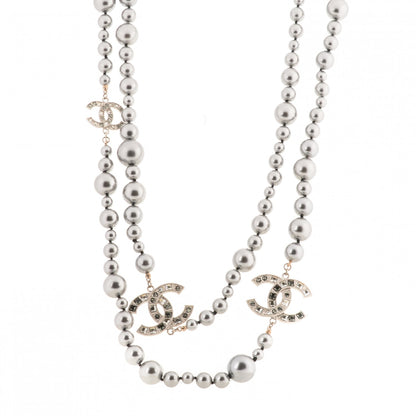 Chanel Graduated Pearl Crystal CC Long Necklace Ruthenium 1 of 5