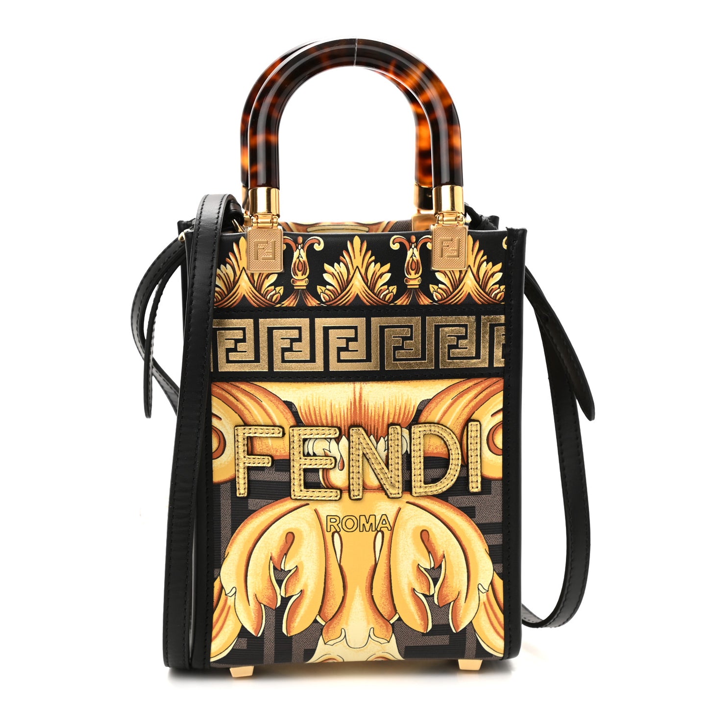 X VERSACE Vitello King Catalan Mirror Plexiglass Fendace FF Baroque Logo Mini Fendi Sunshine Shopper Tote Black Gold