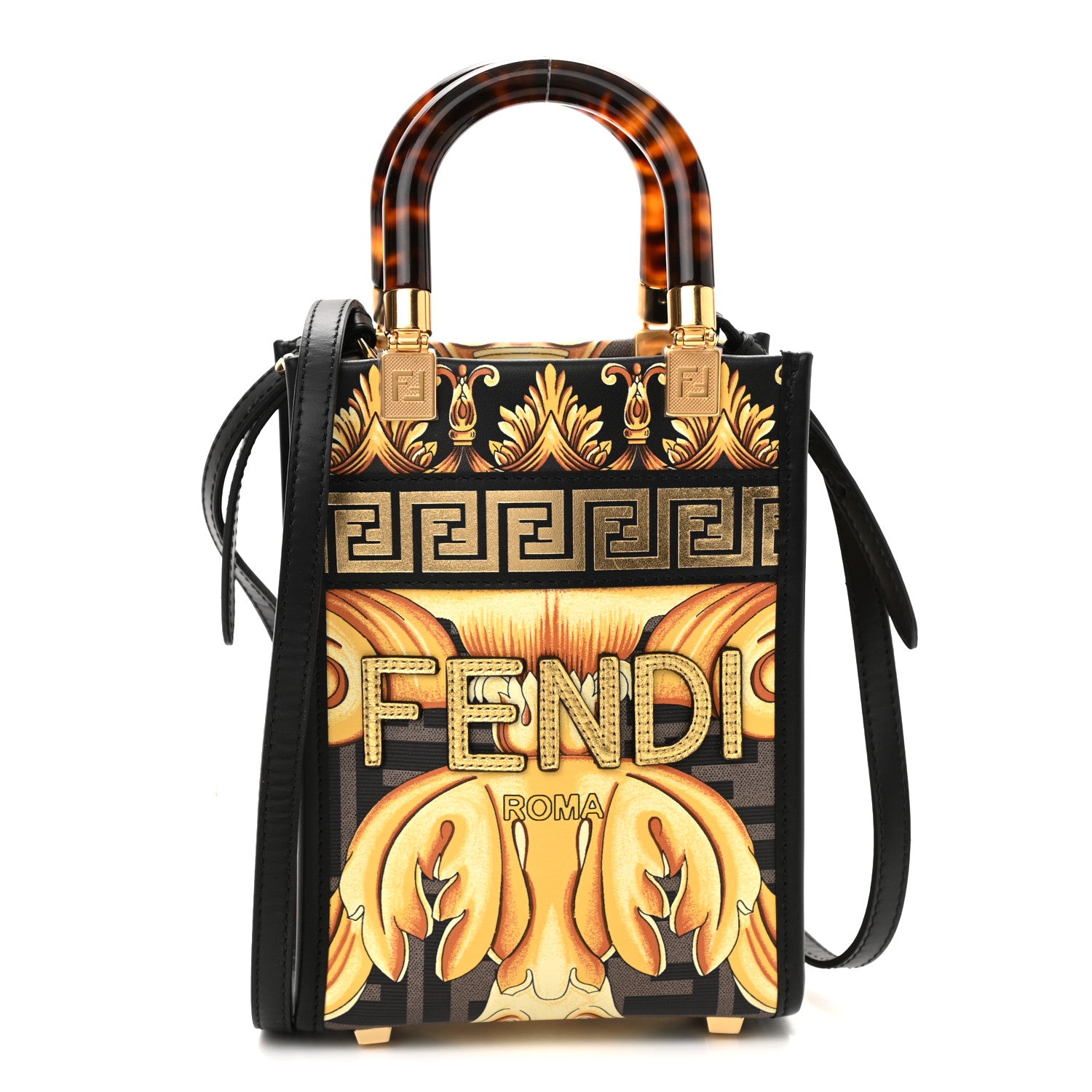 Fendi X VERSACE Vitello King Catalan Mirror Plexiglass Fendace FF Baroque Logo Mini Fendi Sunshine Shopper Tote Black Gold 1 of 10