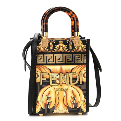 Fendi X VERSACE Vitello King Catalan Mirror Plexiglass Fendace FF Baroque Logo Mini Fendi Sunshine Shopper Tote Black Gold 1 of 10