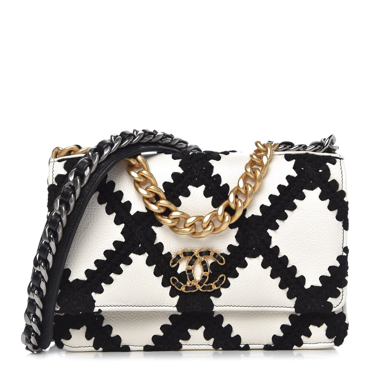 Calfskin Crochet Chanel 19 Wallet On Chain WOC White Black
