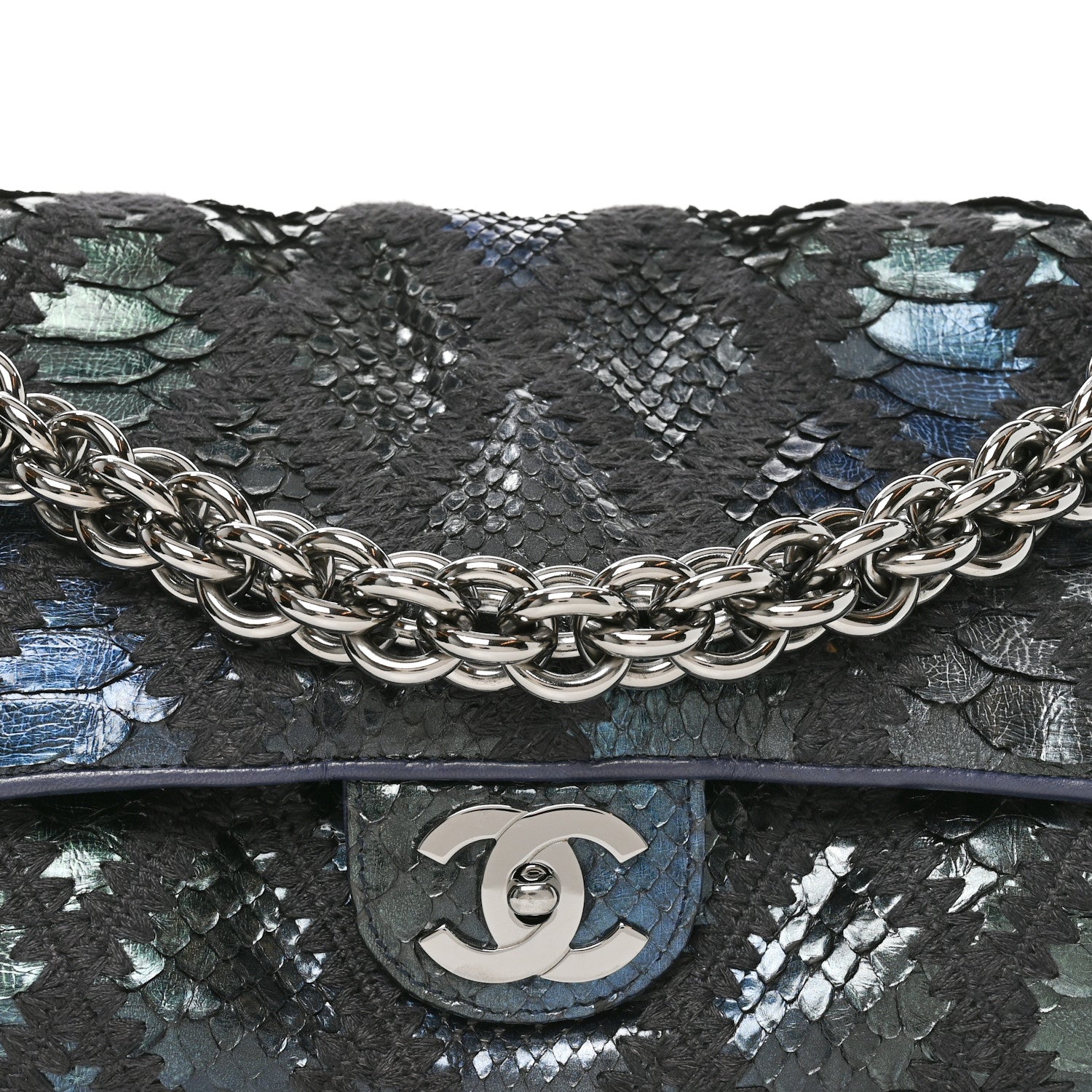 Chanel Metallic Snakeskin Crochet Soft and Chain Maxi Flap Blue Multicolor 8 of 11