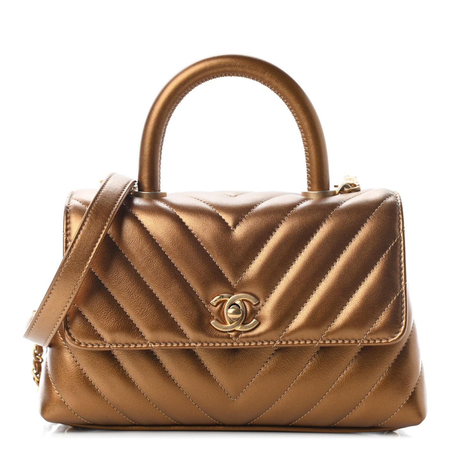 Metallic Calfskin Chevron Quilted Mini Coco Handle Flap Gold