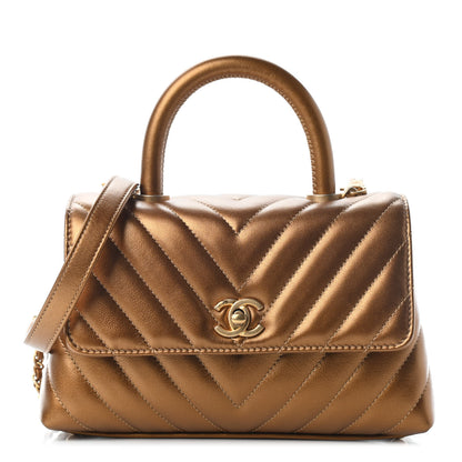 Chanel Metallic Calfskin Chevron Quilted Mini Coco Handle Flap Gold 1 of 8