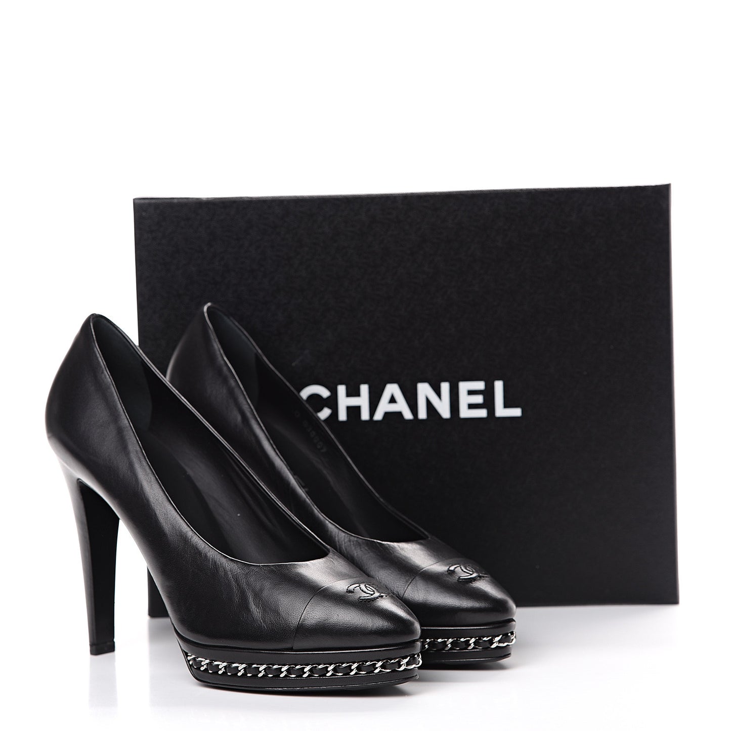 Lambskin CC Cap Toe Platform Chain Pumps 39 Black