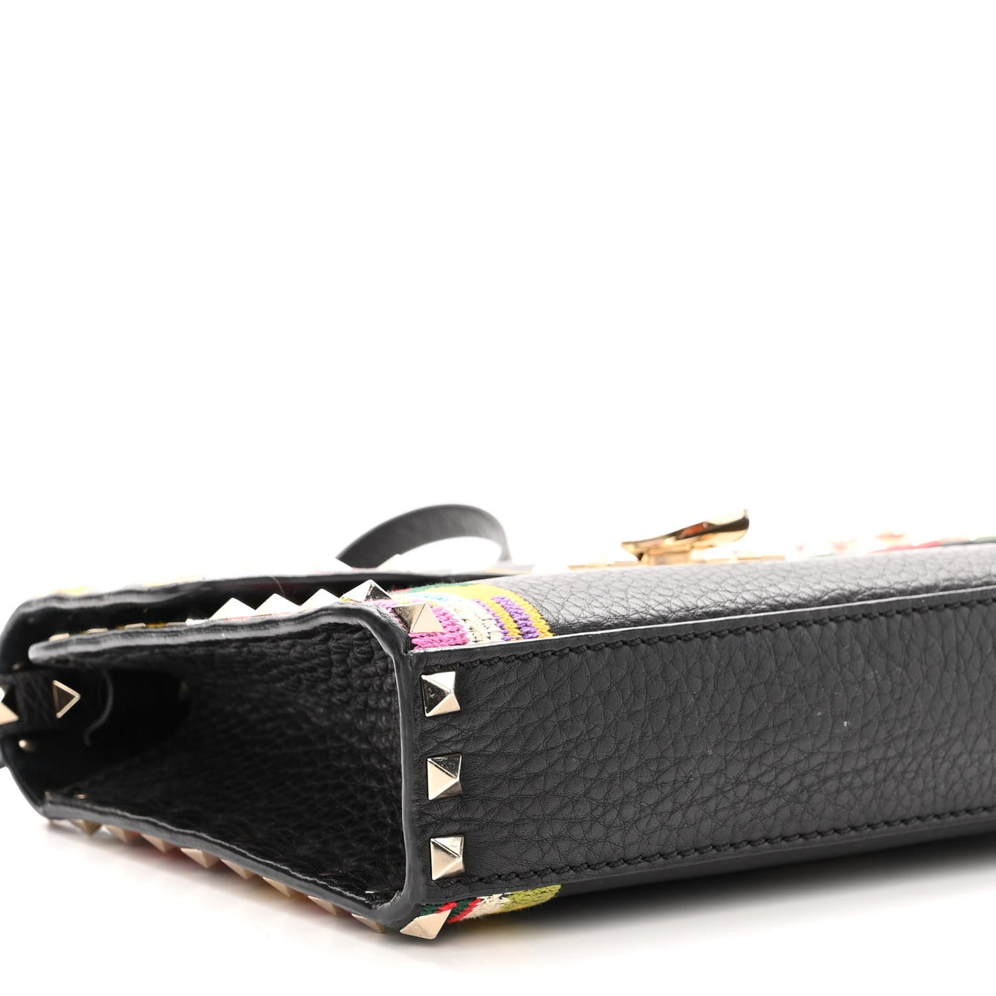 Pebbled Calfskin Embroidered Medium Rockstud Flip Lock Crossbody Bag Black