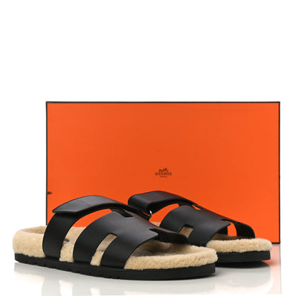 Hermes Veau Indios Woolskin Mens Chypre Sandals 44 Black Ecru 10 of 10