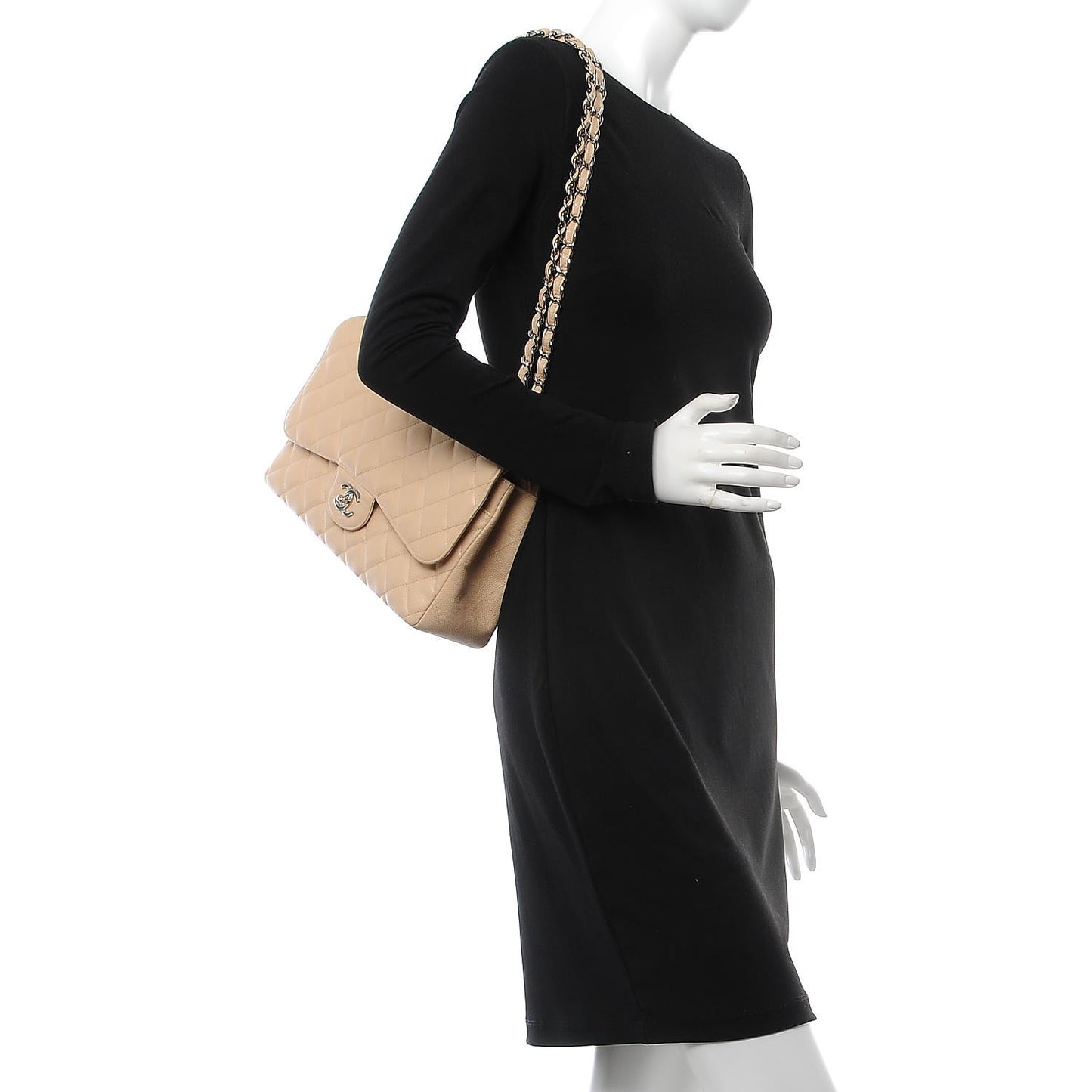 Caviar Quilted Jumbo Double Flap Beige Clair