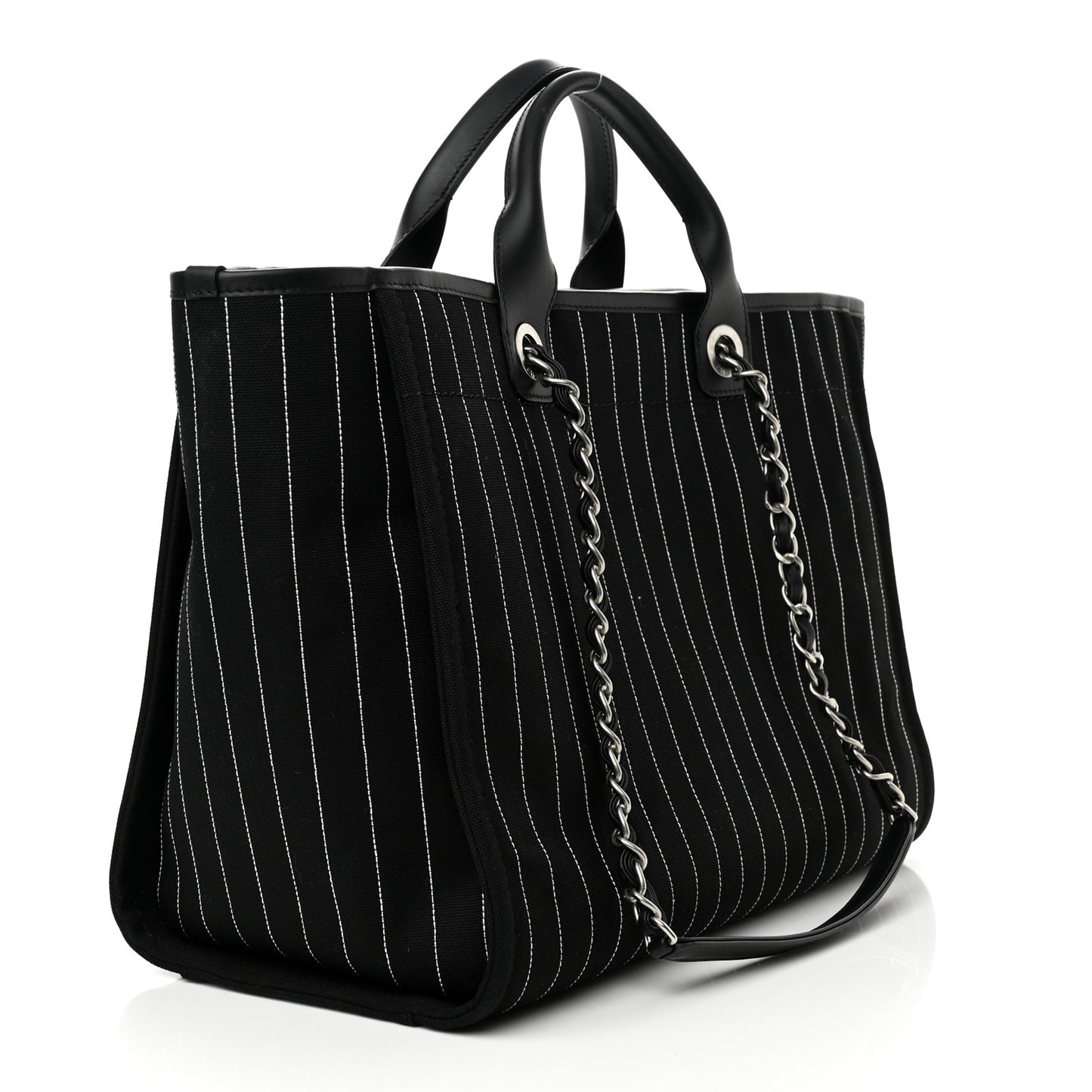 Canvas Calfskin Striped Medium Deauville Tote Black White
