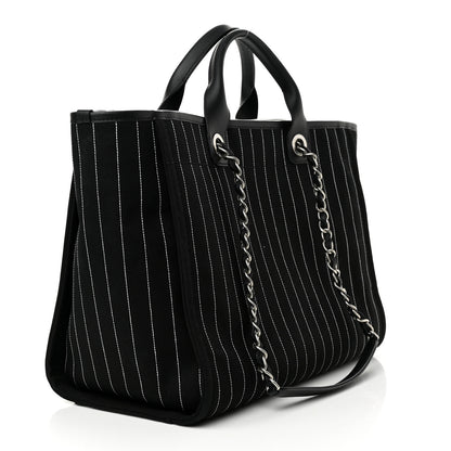 Chanel Canvas Calfskin Striped Medium Deauville Tote Black White 4 of 11