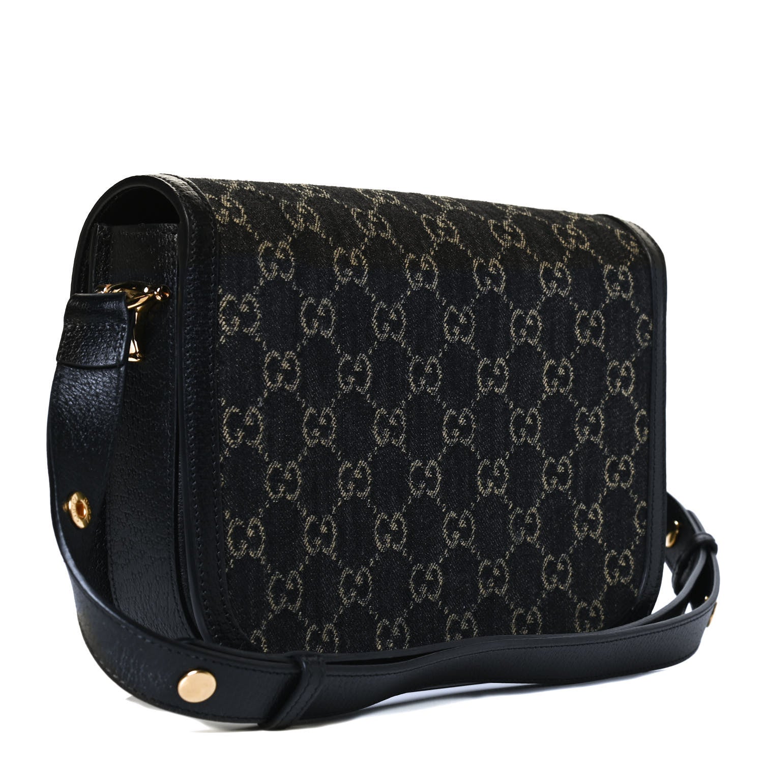 Gucci Jacquard Black Denim GG Monogram Textured Dollar Calfskin Horsebit 1955 Shoulder Bag Black Ivory 3 of 14