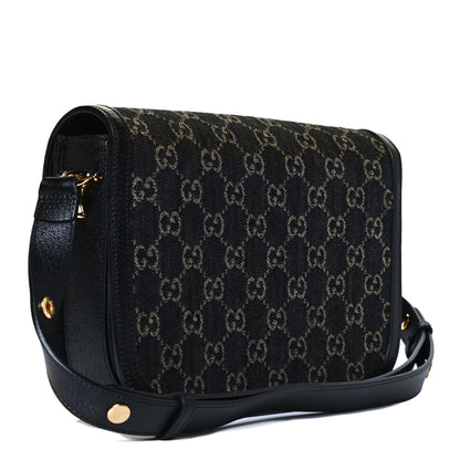 Gucci Jacquard Black Denim GG Monogram Textured Dollar Calfskin Horsebit 1955 Shoulder Bag Black Ivory 3 of 14