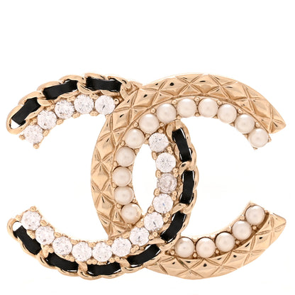 Chanel Lambskin Pearl Crystal Quilted CC Brooch Black Gold 1 of 4