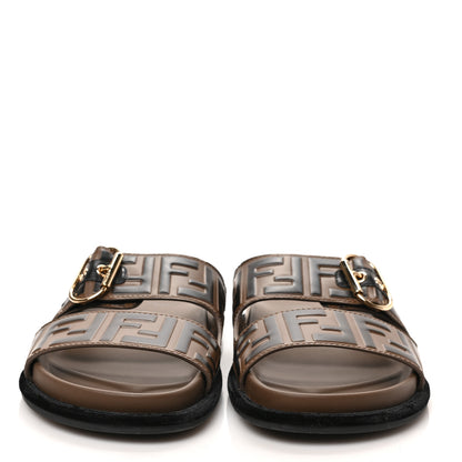 Fendi Calfskin FF Embossed Pearland Slide Sandals 39 Tobacco Moro 2 of 6