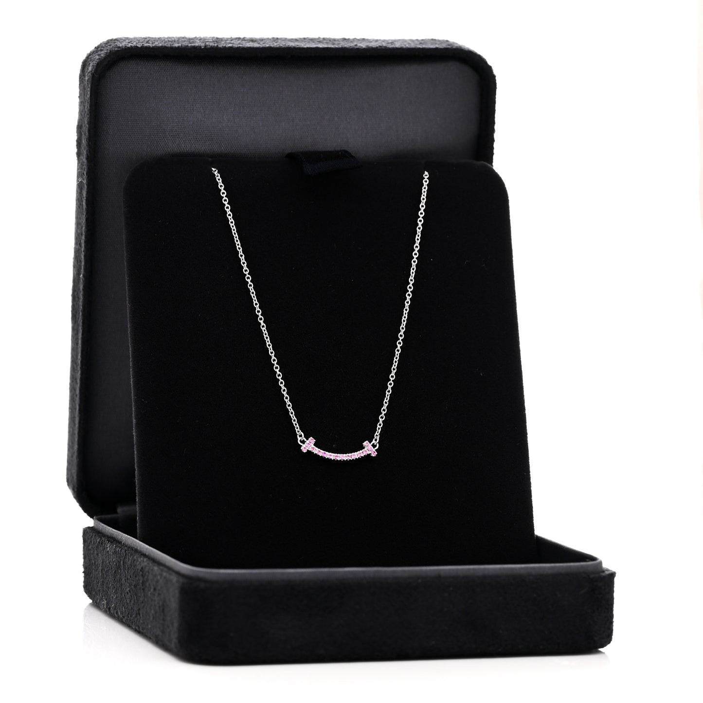 18K White Gold Pink Sapphire Mini T Smile Pendant Necklace